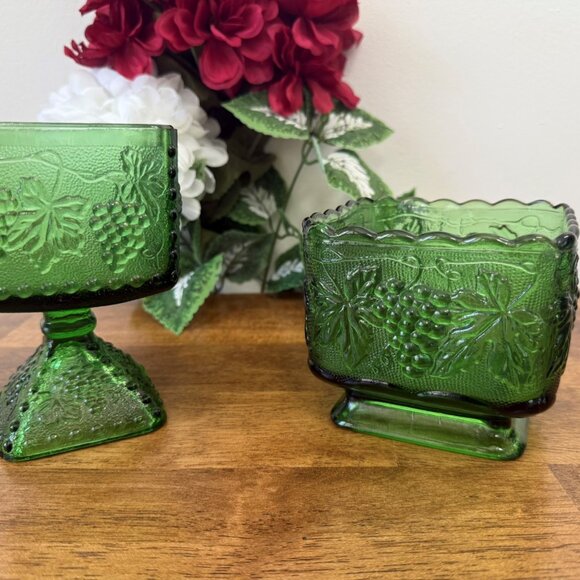 Vintage Indiana Glass Harvest Grape Green Compote and Candy Dish Pressed Glass - Picture 3 of 7